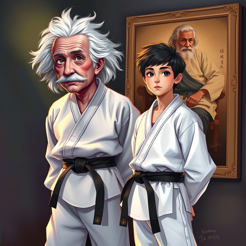 تصویری از یک پسر تکواندو باز با کمربند سیاه در کنار آلبرت انیشتین 1