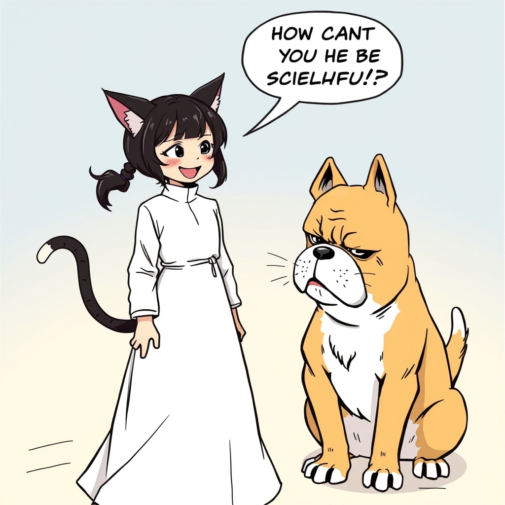 دختری خوش حال با گوش و دم گربه درحال حرف زدن با سگی بد اخلاق سگ بد اخلاق به زبان کره ای به دختر می گوید چجوری آن قدر خوش حال هستی 
3