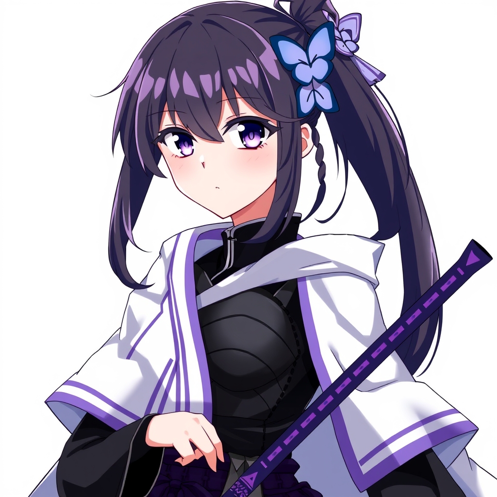 هاشیرای حشره شینوبو
اون یه دختر با چشمای بنفش موهایی سیاه که دم اسبی با کش 🦋بسته شده و یه کمی از موهاش جلوی صورتش ریخته و ته موهاش بنفشه لباس رزم ژاپنی سیاه پوشیده از روی آن شنل سفید با رگه های سیاه و ته شنلش بنفشه و شمشیر بنفش در دست دارد11