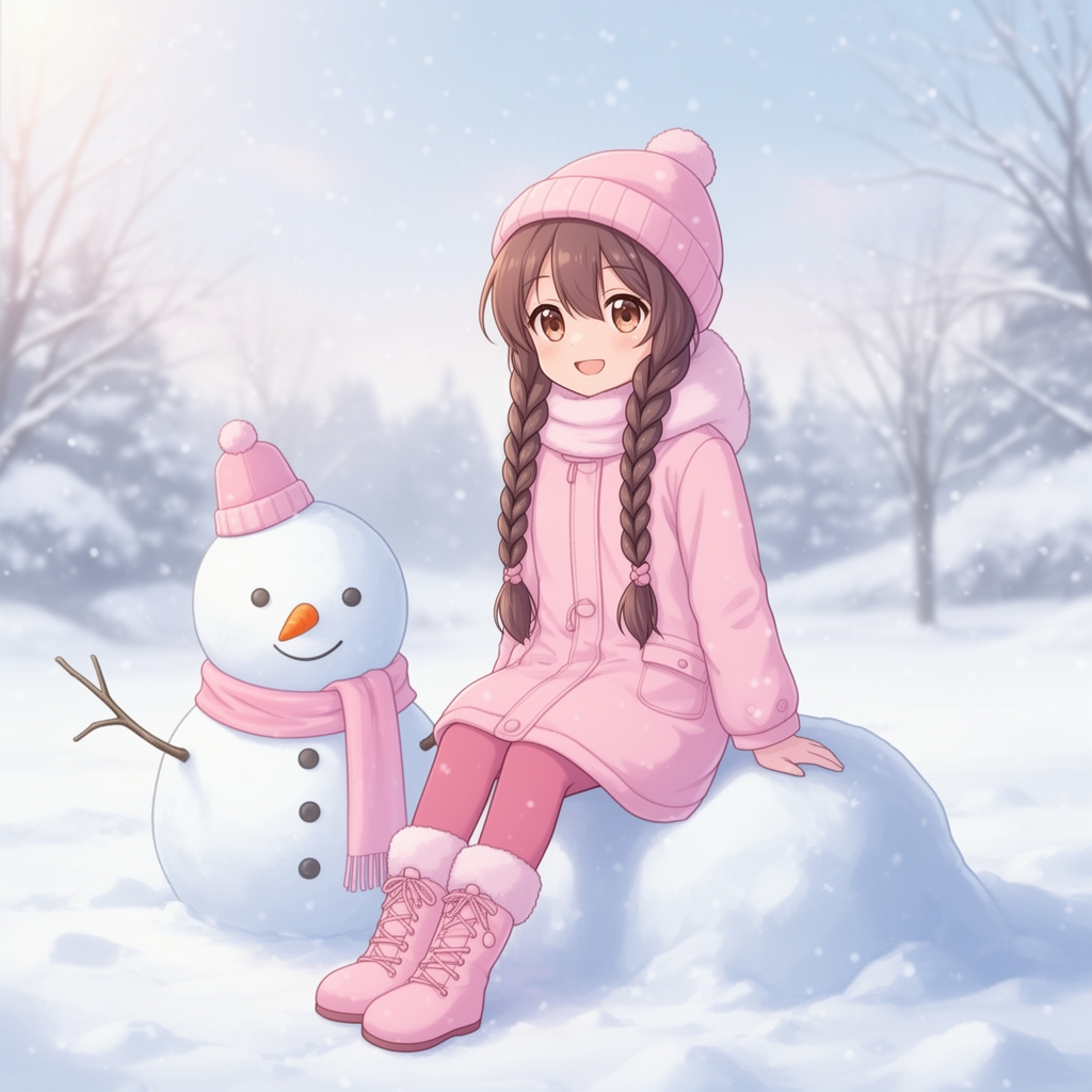 یک دختر 12 ساله با موهای بلند و بافت زده که در هوای زمستانی برفی و یک کاپشن صورتی خوشگل پوشیده و کلاهش هم گذاشته و نشسته و کنارش یک ادم برفی است و لباس گرم و صورتی بامزه پوشیده4