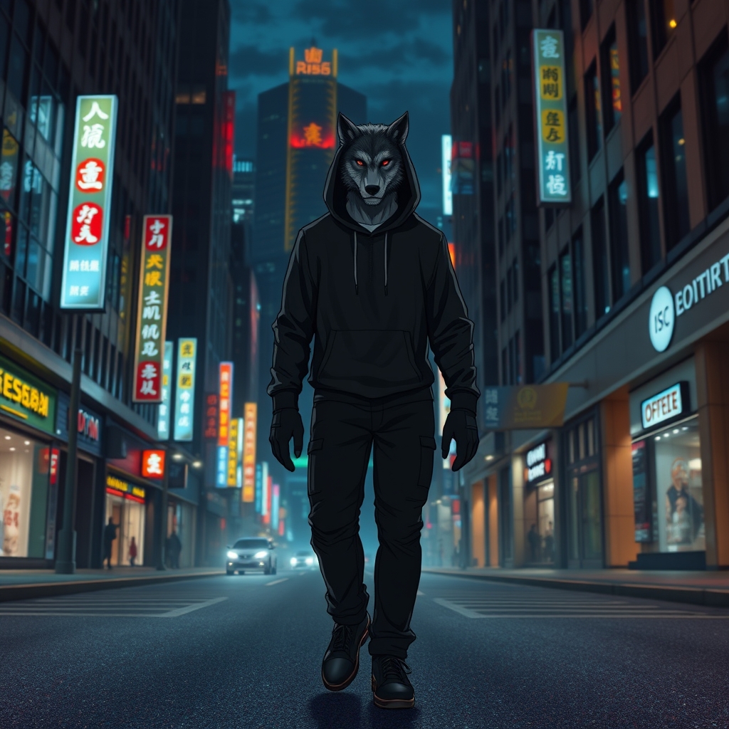 
این تصویر یک خیابان شهری را نشان می‌دهد که در آن  یک  گرگینه با لباس‌های سیاه و در حال قدم زدن است. این گرگینه یک هودی سیاه، شلوار سیاه و دستکش‌های سیاه پوشیده است. خیلی خوش قد و قامت است.خیابان اطراف او با ساختمان‌های بلند و تابلوهای نئون روشن احاطه شده است فوق واقعی2