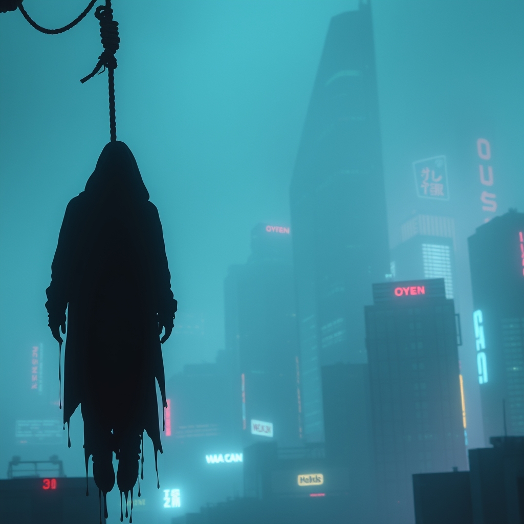 یک تصویری ترسناک و مه آلود بیارین که یه ادم بر طناب دار آویزان است و از او خون می چکد. 

13