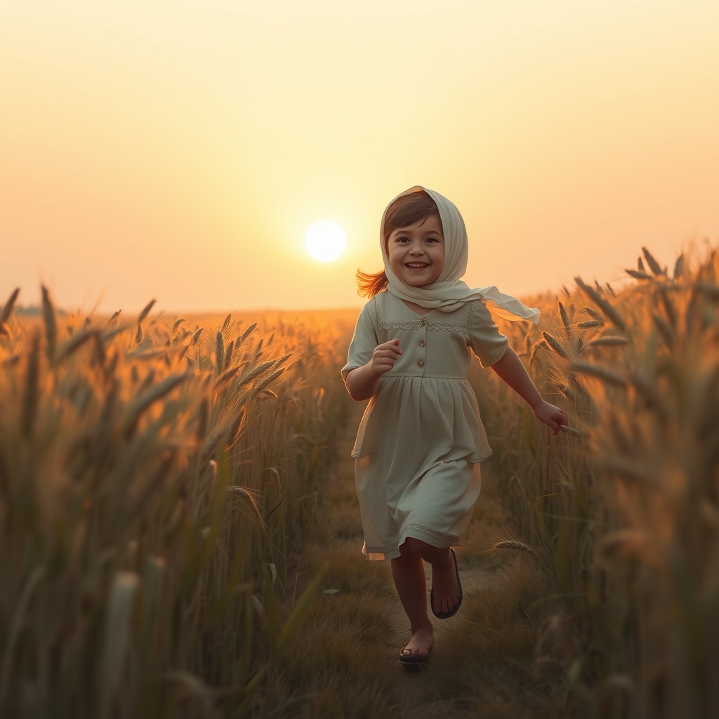 عکس دختر بچه که دارد در گندمزار به وقت غروب می  دود5