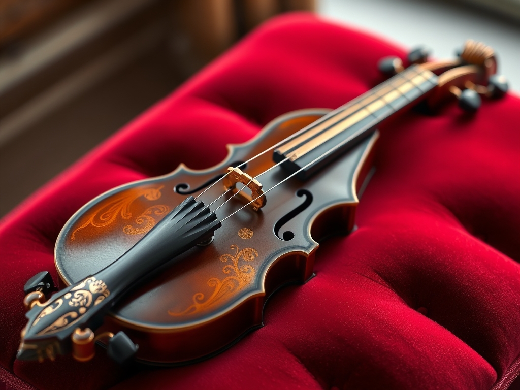 یک ویولن عتیقه با حکاکیهای طلایی، قرار گرفته روی یک بالشت مخملی زیر نور نرم.23