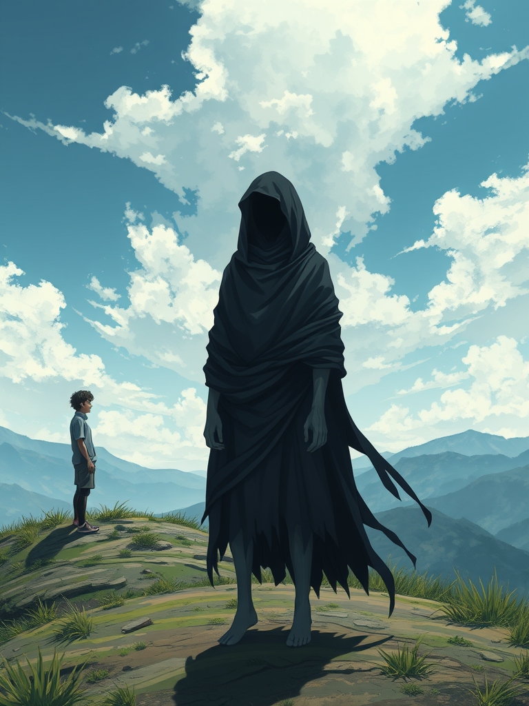 یک شبح مرموز (مانند انسان که از باند سیاه پیچیده شده اما دست و پاش معلوم هست با صورت سیاه) رو به روی فردی که روی تپه ایستاده، و به او خیره شده14