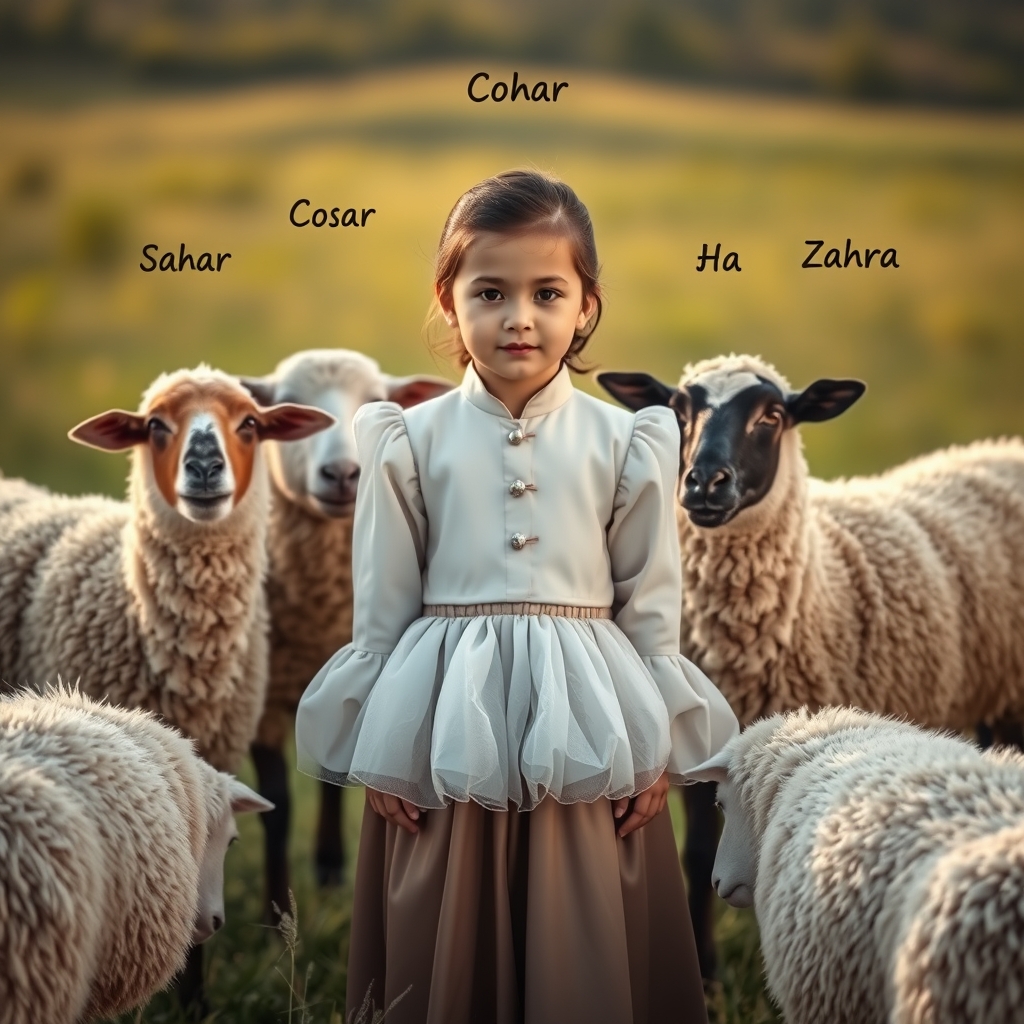 یه دختر زیبا با لباس پفی و چینی در طبیعت کنار ۴ گوسفند که بالای سرشون نوشته هر کدوم Saharوcosarوhodaوzahra15