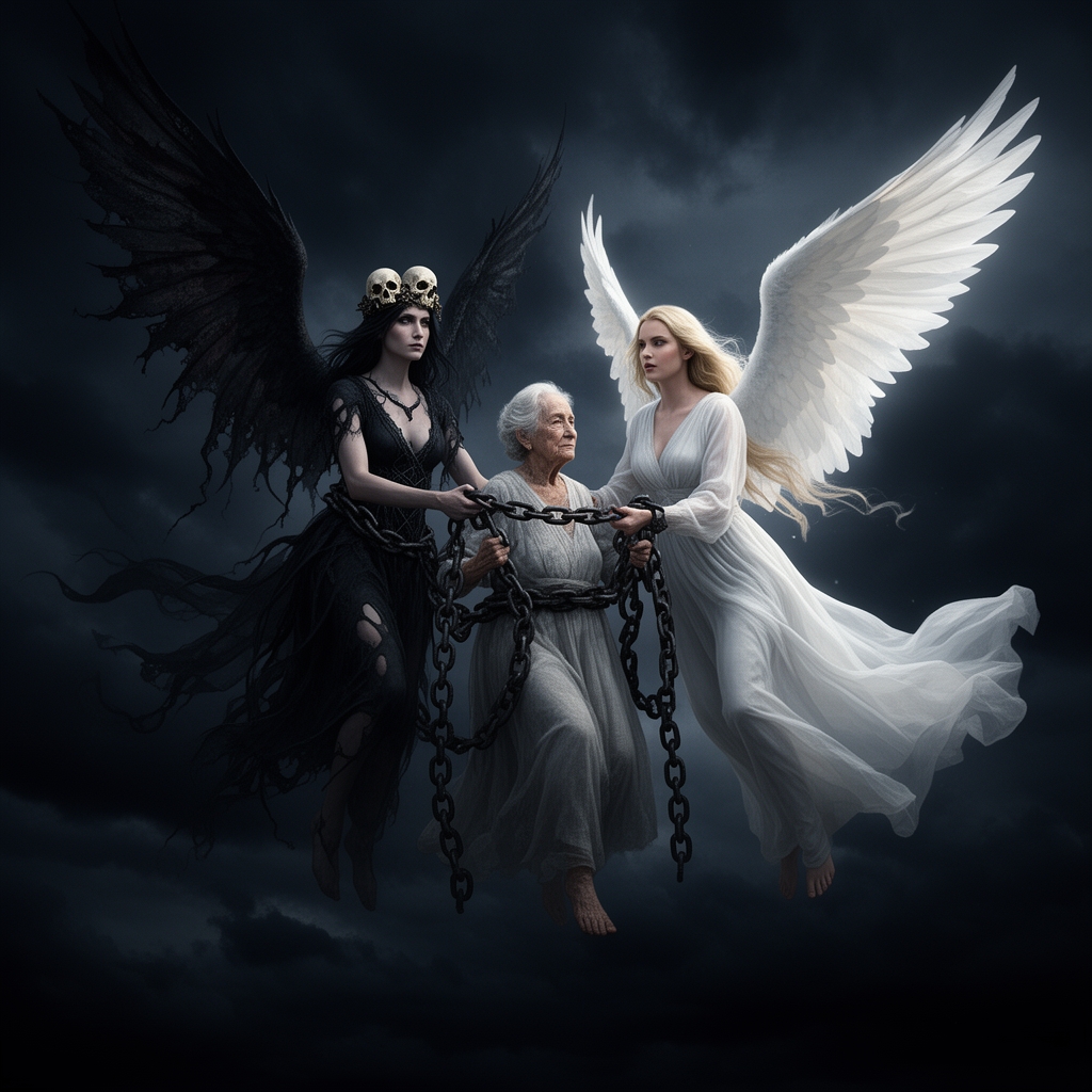 فرشته مرگ زن با یک فرشتهی زن سفید پوش زیبا یک زن پیر را در آسمان قل و زنجیر کردندو دور آن می چرخند آسمان سیاه است
5