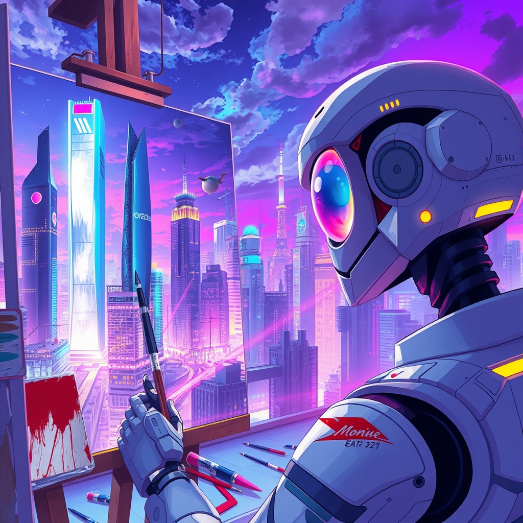 چشمانداز یک شهر آیندهنگر از دید یک هنرمند اندرویدی که آن را نقاشی میکند.13