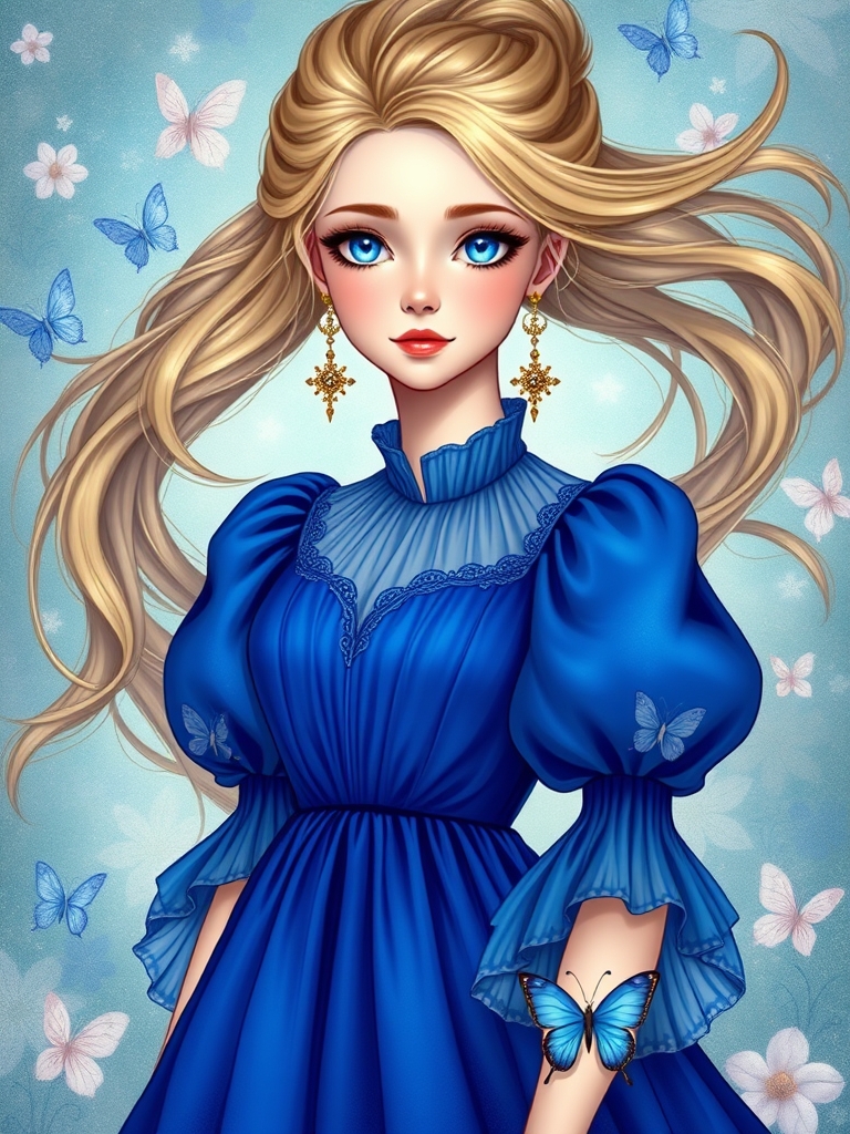 زن جوان با مو هایبلند حالت دار ، پوست سفید ، گونه هاقرمزچشم های ابی دریایی که از درون چشمانش ، که یه لباس سلطنتی آستین پفی پفی آبی رویایی اشرافی پوشیده گوشواره و بروی دستاش زیبا ترین پروانه رویایی باشه
ببینیم رویایی چیکار میکنه
1