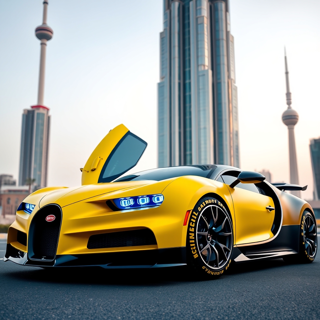 عکس یک بوگاتی
خوشگل با رنگ زرد سفارشی مات که خیلی زیباست درهاش خفاشی است و در کنار برج بزرگ درازی ایستاده است که بغلش برج آزادی و برج میلاد است ماشین
ماشین چراغهایش رنگ آبی خاصی است که ماشین لاستیکهایش دورش نوشته است
2