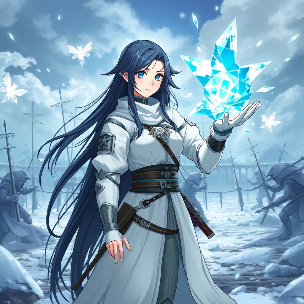 یک دختر جنگجو با موهای بلند مشکی و چشمهای فیروزه‌ای و پوست سفید و لباس جنگجو سفید در میدان جنگ در حالی که با دستانش یخ درست کرده است21