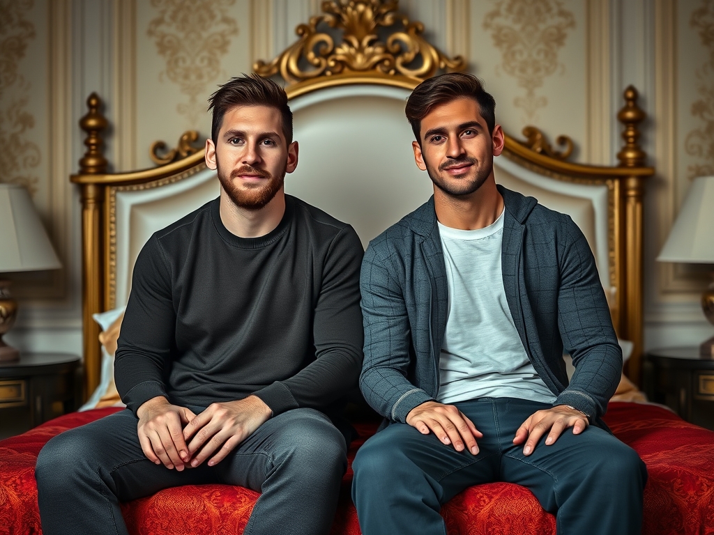 عکس مسی بسیار بزرگ و غولپیکر که کنار پسر بزرگش که 210سانتیمتر قد دارد روی تخت پادشاهی نشسته 21