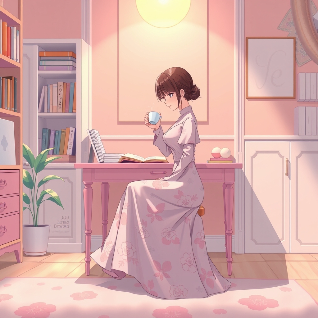 دختری با لباس بهاری روی میز صورتی و در اتاق گلبهی درس میخواند و چای می نوشد
22