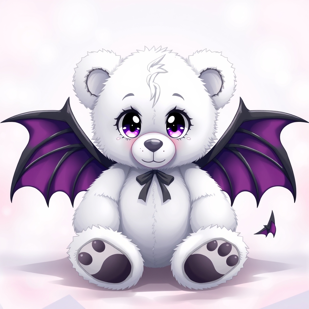 خرس عروسکی که نشسته و نصف آن فرشته است و رنگ آن سفیدوچشمانی سفید و بالی سفید و بزرگ دارد ونصف دیگر آن شیطانی است که رنگ آن مشکی وبالی مشکی وبنفش دارد و چشمانش هم بنفش است 7