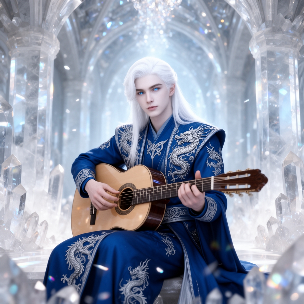 زیباترین مرد جوان در جهان حتی در رویایی که شکوه خدا را داشته باشد که نظیر آن در دنیا نباشد که همه از شدت زیبایی به او سجده کنند که با چشمان کریستالی آبی رنگ که در مردمکش دریا واقع شده است و با پوستی سفید همرنگ برف که با موهای سفید رنگ بلند که با لباس سلطنتی ابی که اژدهای نقرهای رنگی بر روی آن حکاکی شده باشد زیبایی باشد و در حال گیتار زدن باشد و داخل قصر کریستالی باشد4