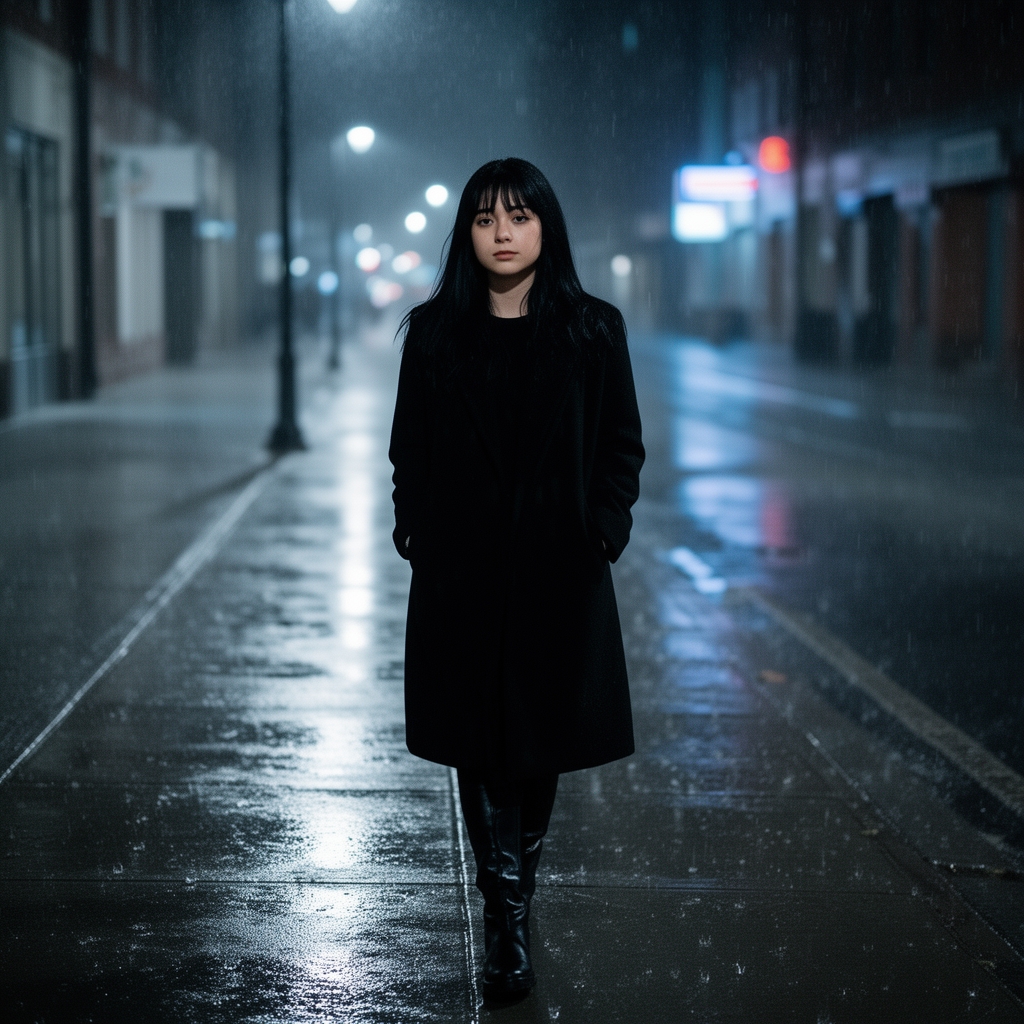 عکس یک دختر با موهای مشکی بلند و چشمان مشکی و زیبا با پوستی سفید و کاپشن مشکی و چکمه های مشکی که در پیاده رویی راه می رود شب است و باران می بارد و او تنها در پیاده رو راه می رود 3