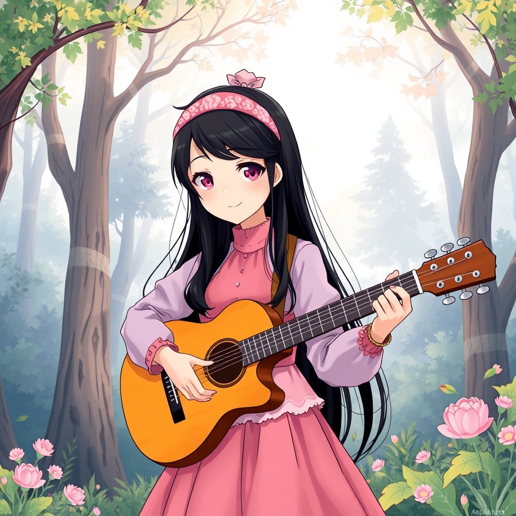 عکس یه دختر که درحال نواختن گیتار است و مو های مشکی و بلند دارد و مو های او باز است و چشم های صورتی دارد و لب های سرخ و لبخندی ملایم دارد و لباس او صورتی و اکلیلی و دامن دار مانند پرنسس ها است و روی مو های او گلسری به شکل گل صورتی است و پشت سر او جنگلی زیبا است و گیتار او نارنجی قهوه ای است 2