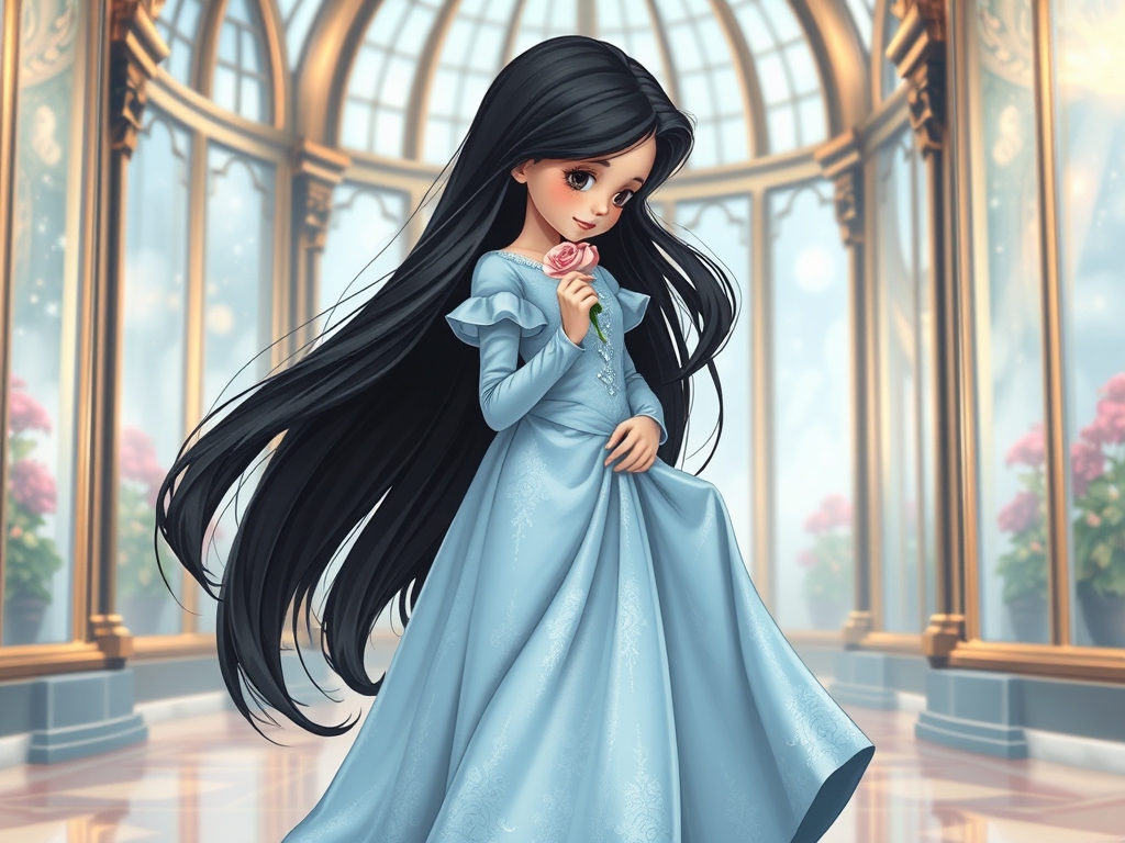 دختری با موهای راپونزل مشکی و پیراهن پرنسسی آبی مانند لباس سیندرلا و کفش شیشه ای در قصری شیشه ای درخشان در حال بو کردن گل رز صورتی است و با یک دست دامنش را گرفته است8