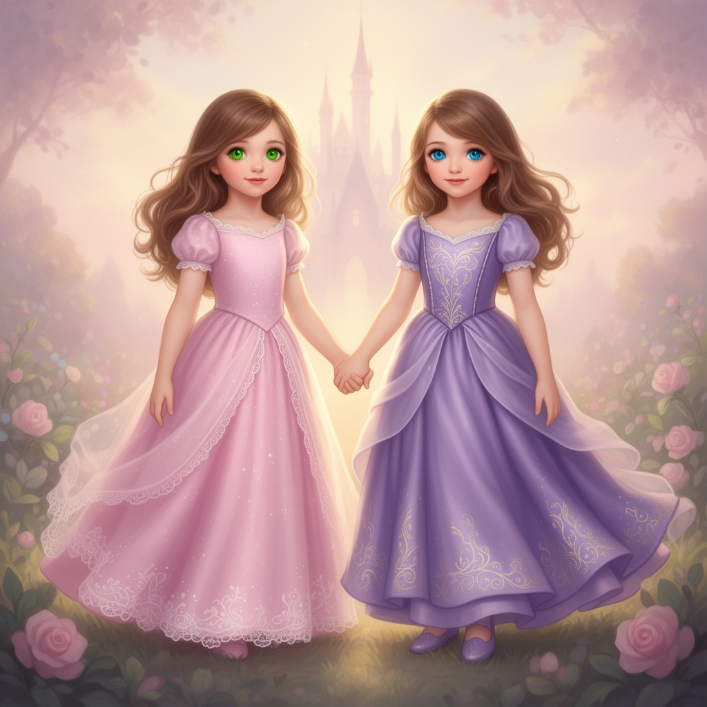 دوتا دختر که یکیشون چشم های سبز و لباس صورتی
یکی دیگه چشم های آبی و لباس بنفش
تو دست زیبا
لباس های پرنسسی1
