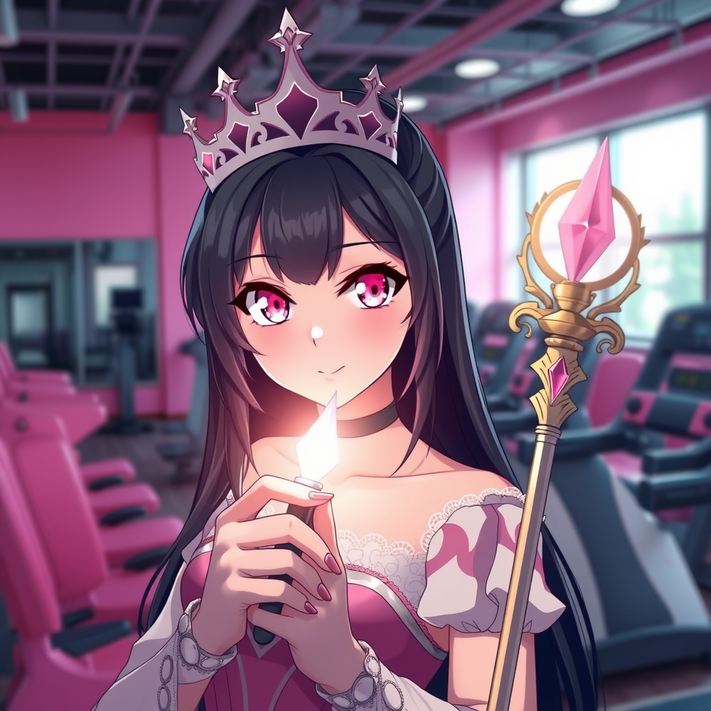 باشگاه بدنسازی صورتی و عصای جادویی یک ملکه با موهای سیاه و چشمان صورتی15