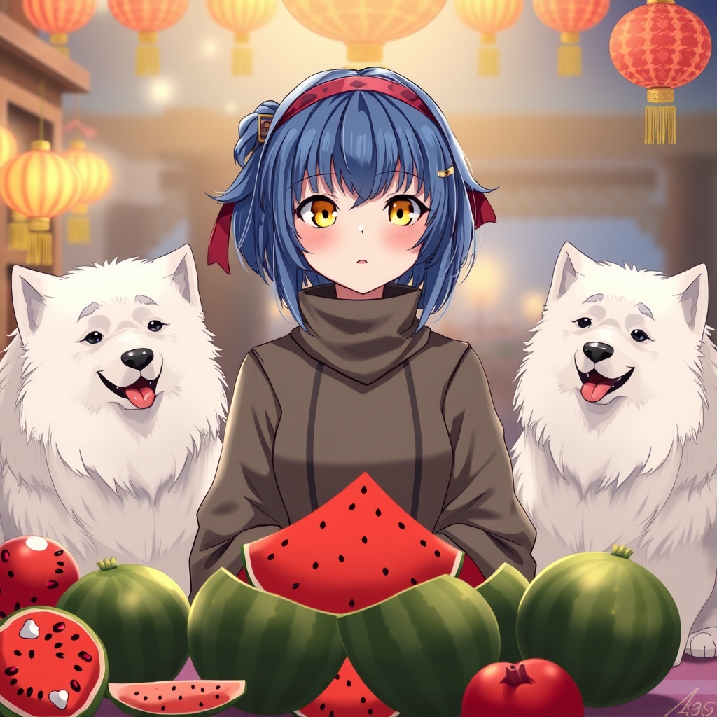 دختری با موهای آبی و چشمان زرد که لباس هندونه جلو باز با شلوار کرمی پوشیده که ۲ تا سگ سفید دارد که آن شب شب یلدا است و در پشت یک میز پر از هندونه و انار است 17