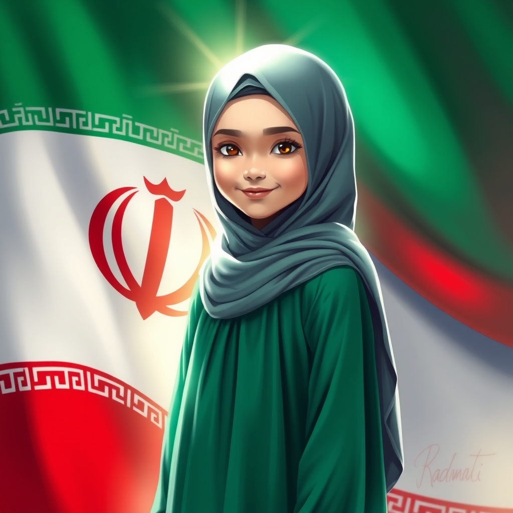 A Muslim girl wearing a green dress. She is veiled completely. Her hair cannot be seen. She is smiling. The flag of Islamic republic of Iran is behind her. We can see light around her face.13