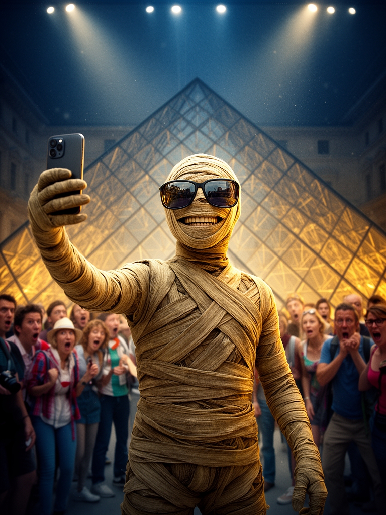 مومیایی
که عینک آفتابی زده و با گوشی هوشمند در موزه لوور سلفی میگیرد، جمعیت توریستها در پشت سر، سبک طنز آمیز.1