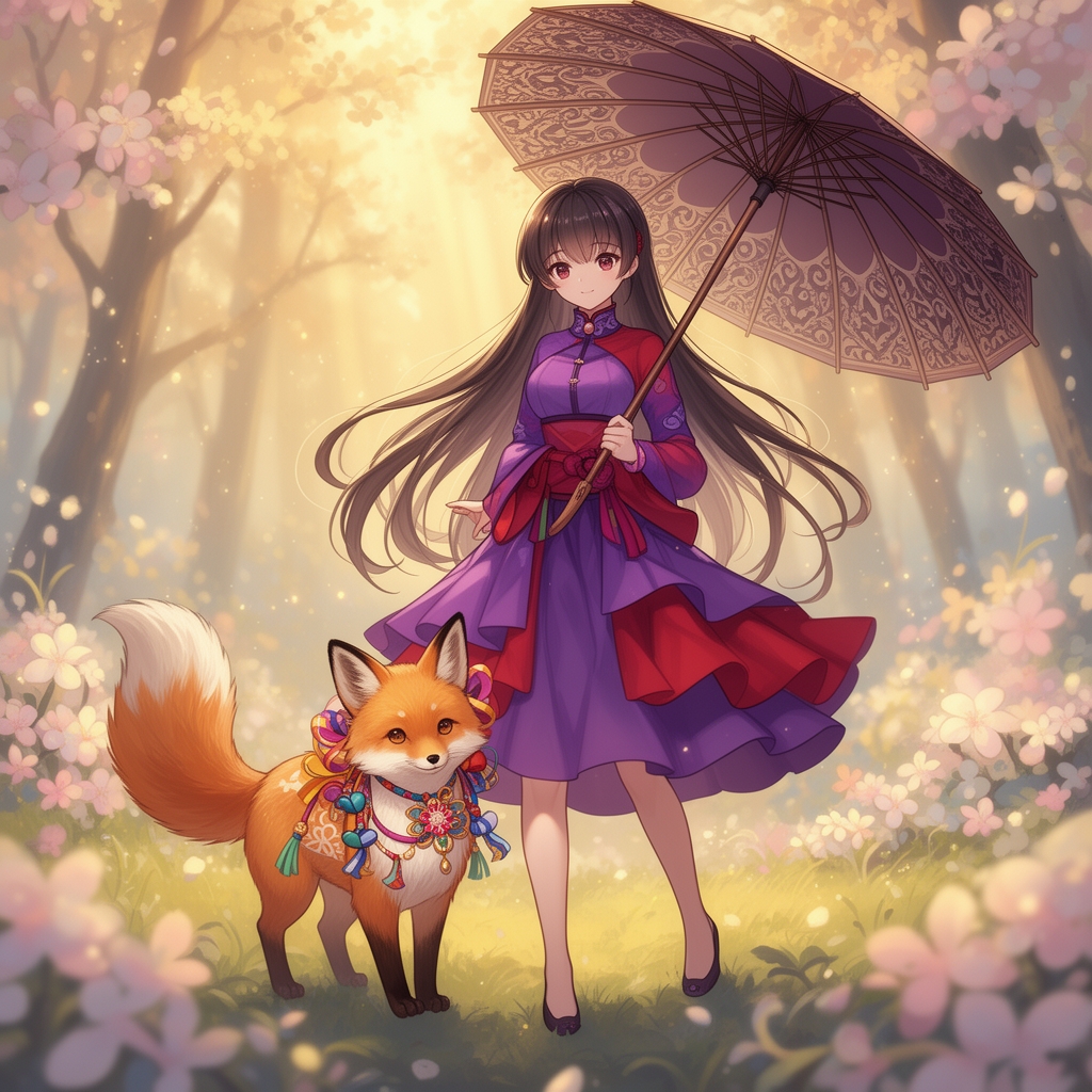 نقاشی انیمه دختر زیبا با لباس بنفش و قرمز و روباه با تزئینات رنگی و چتری در دست

4