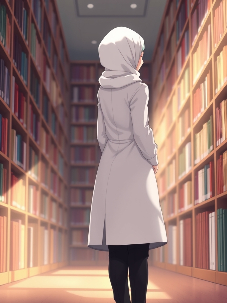 خانم روانشناس محجبه با روپوش سفید 
شلوار سیاه
پشت به دوربین
روسری سفید بر سر
 در محیط کتابخانه 21