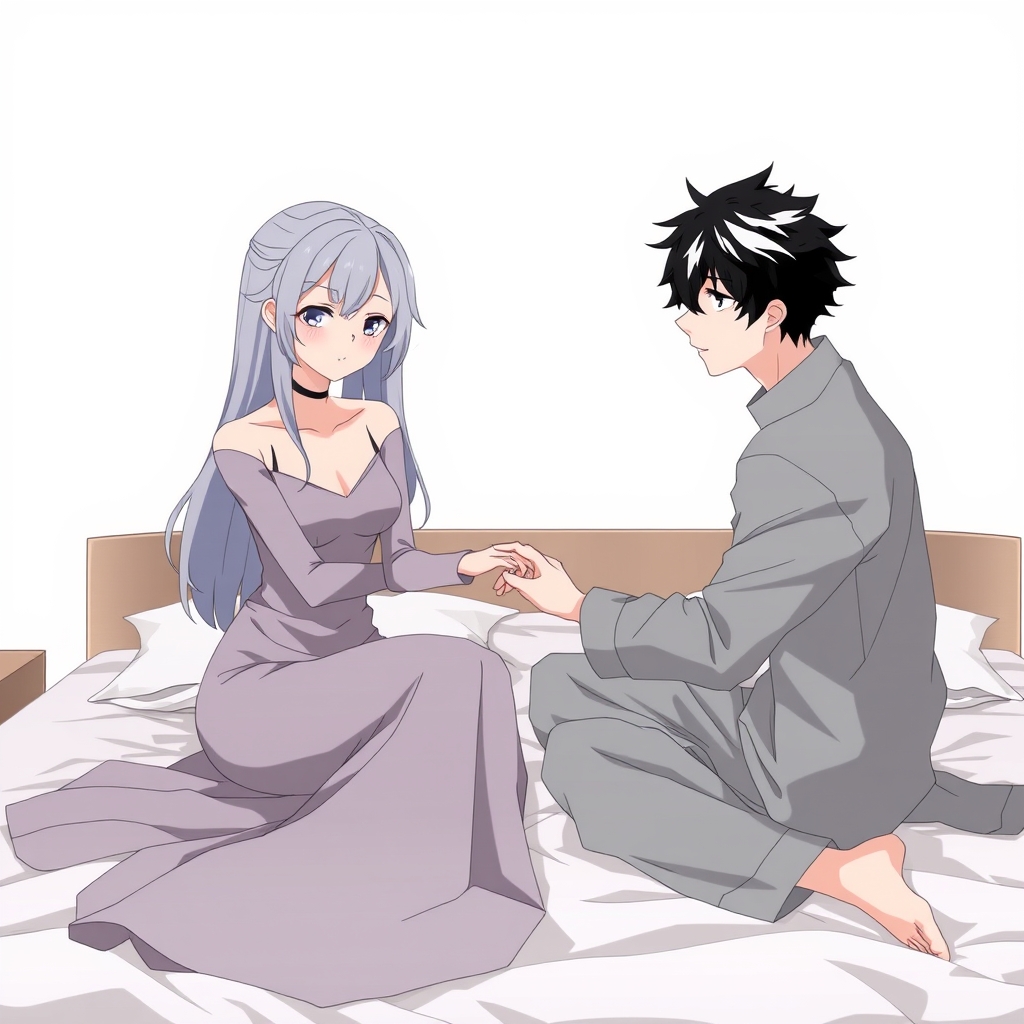 دختری جوان و خیلی جذاب که آدم دوس داره تا صبح تا شب نگاهش کنه با موهای سفید سیاه با چشمان خاکستری و پسری جوان خیییییلییییی خوشگل و جذاب با موهای سیاه سفید با چشمانی خاکستری و دختر با لباس هایی بدن نما و پسر با لباس هایی خفن و شیک در اتاقی روی تخت خواب دست هاشون رو به صورت همدیگه میزنن🥰🥰🥰13