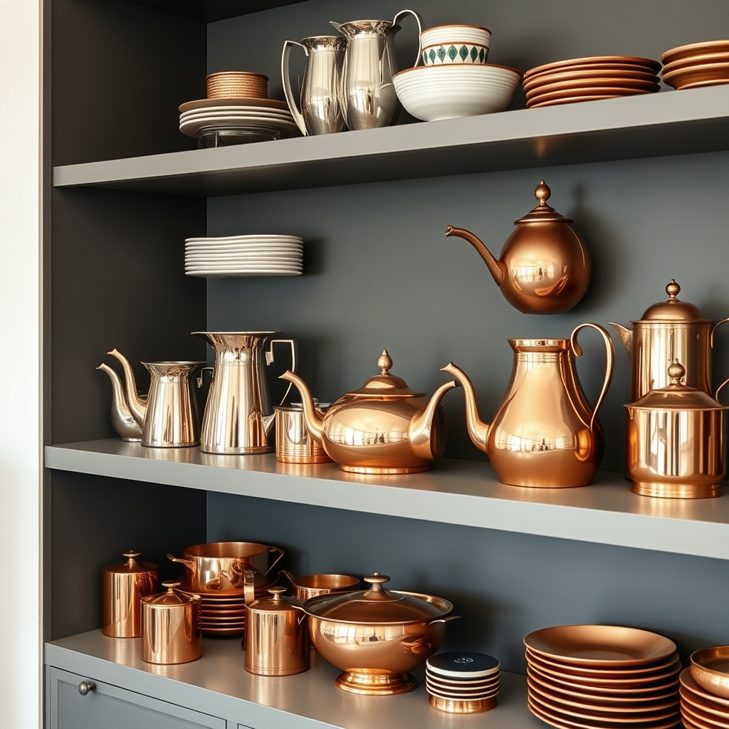 نمایش ظروف مسی در قفسه شیک و مدرن0