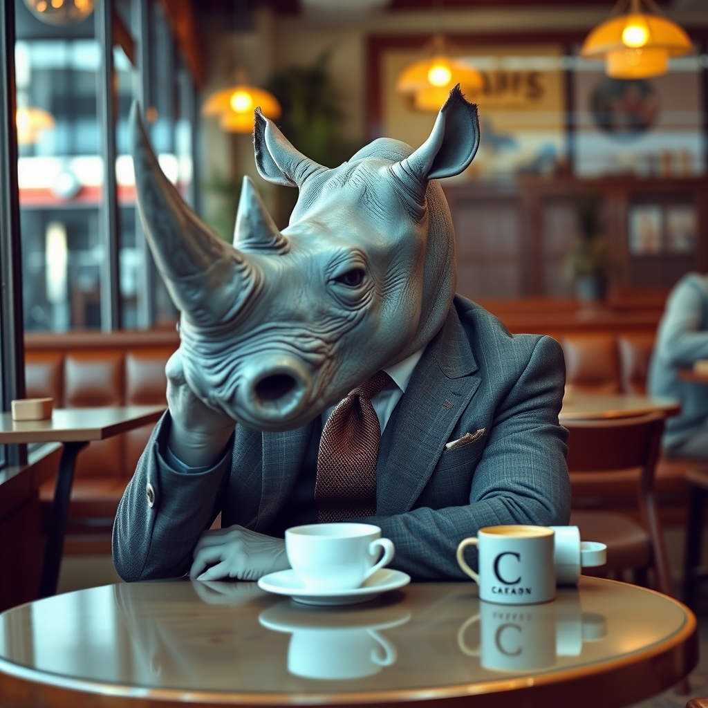 عکس از یک کرگدن با کت و شلوار که نشسته پشت میز در یک کافه ودرحال خوردن قهوه است5