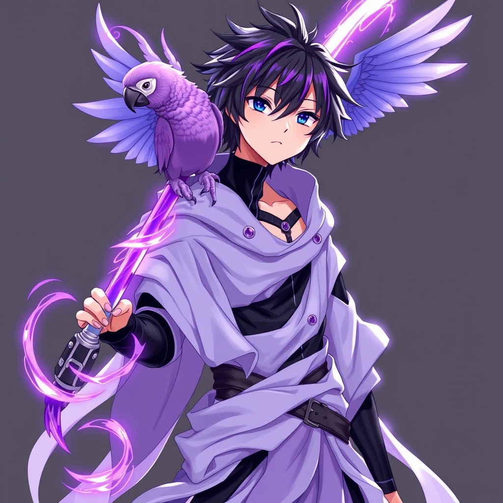 یک پسر نوجوان با مو های زیبا  بنفش و سیاه لباس های پر از تکنولوژی بنفش کم رنگ و سیاه و یک شمشیر گردباد بنفش و یک طوطی بسیار بسیار زیبا روی شانه اش19