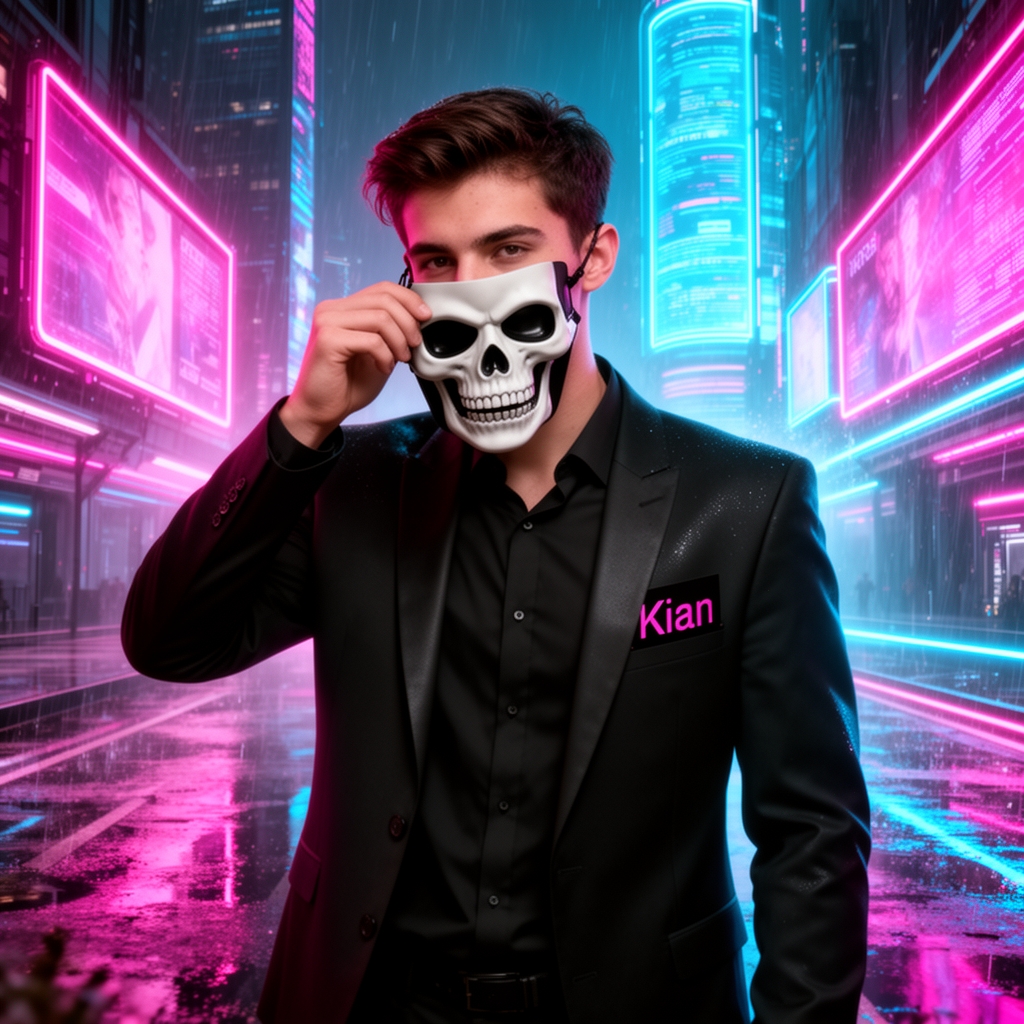 پسری با کت شلوار مشکی و پیراهن مشکی در حال در آوردن ماسکی جمجمه ای از روی صورتش و در گوشه از کت اش با فونت انگلیسی نوشته شده باشد کیان2