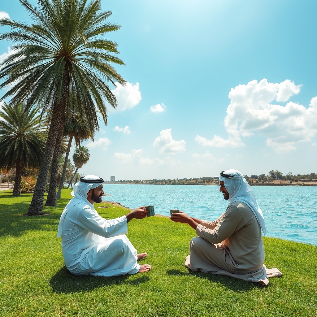 دو نفر عربستانی با دشداشه عربی و چفیه قرمز نشستن و اتش جلوشون روشن و درحال درست کردن قهوه ویکی درحال چای خوردن فنجان در،راست گرفته در چمن زار سرسبز ک درختان نخل و خرما کنار درختان رودخانه بزرگ پراز اب صاف و اسمون ابی روشن صاف پراز ابرهای سفید4
