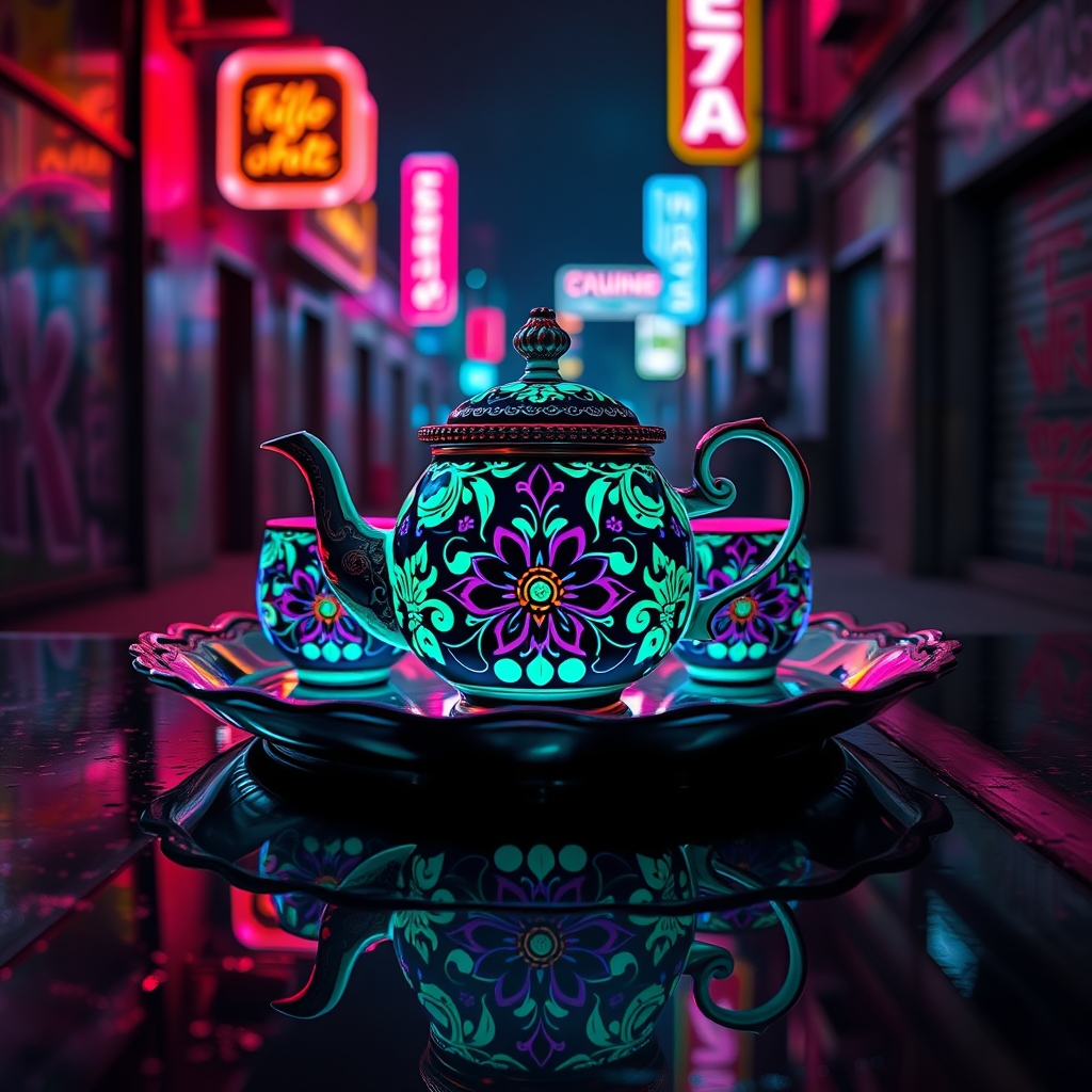 یک سرویس چای با طرحهای گلدار پیچیده، قرارگرفته روی سینی آینهای.6