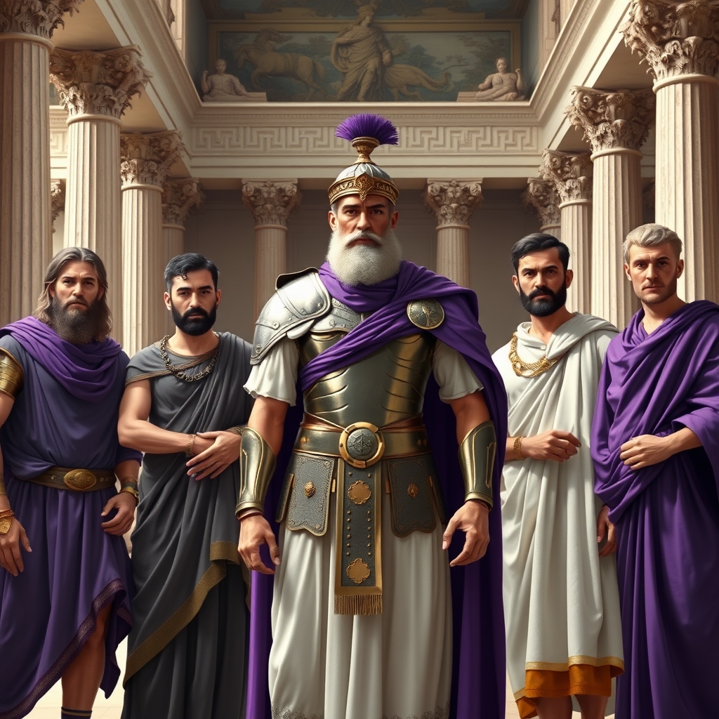 جنرال زره پوش بنفش امپراتوری فادوو کنار چهار شاهزاده خوش تیپ اسلاح کرده در کاخ بزرگ امپراتوری یونان باستان1
