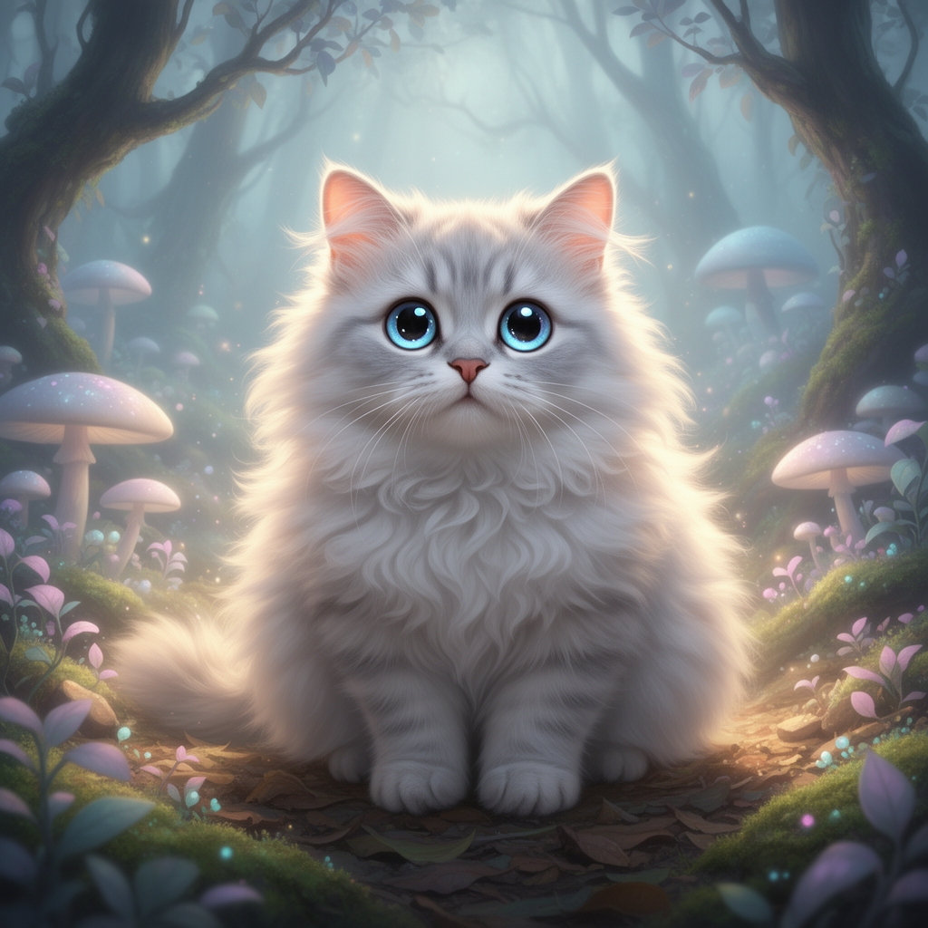 گربه ای گوگولی با چشمان ناز در طبیعت نشته بر روی زمین و به دوربین نگاه می کند و چشمان براقی دارد خیلی پشمالو است1