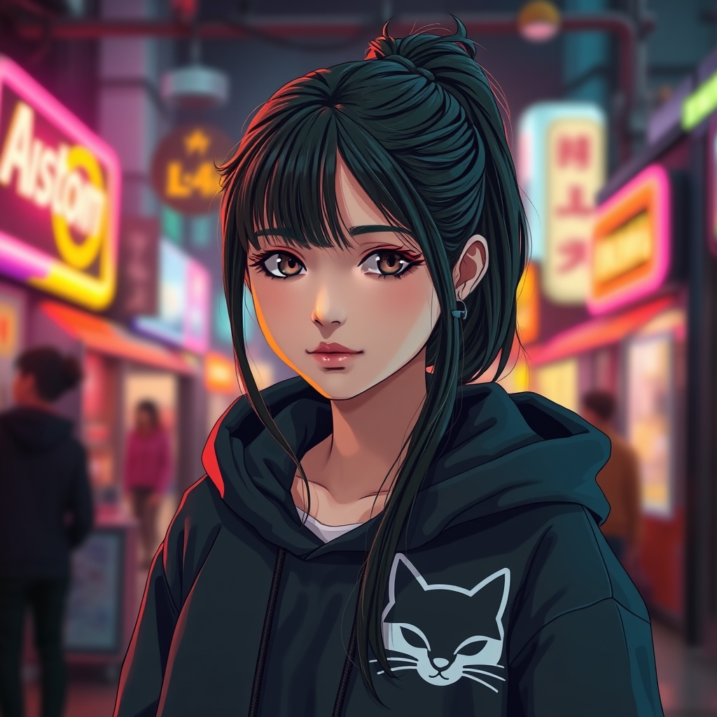 یک دختر نوجوان با موهای بلند خرمایی روبه مشکی که آن ها را با گیره ای پشت سرش جمع کرده است و چشمان قهوه ای تیره و هودی ای کلاه دار مشکی با طرح گربه که کلاهش را بر روی سرش گذاشته است و پوستی سفید 2