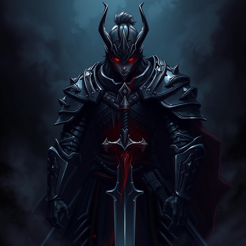 جنگجویی با زره های فولادی سیاه شمشیری دارد در تاریکی ایستاده چشمانش به قرمزی خون طراحی دارک و خشن با جزئیات بالا14