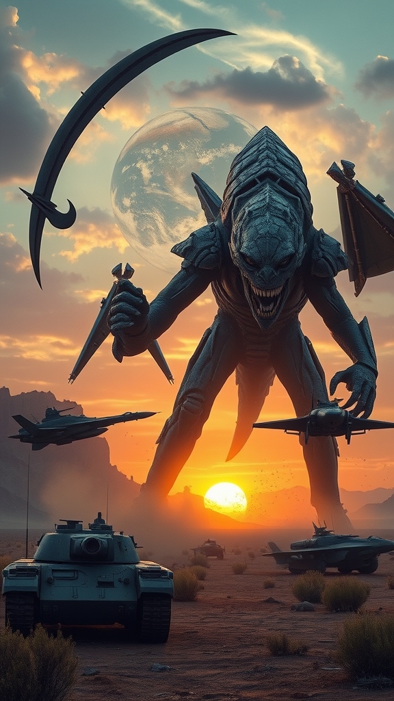 غول وحشتناک فضایی با ظاهری ترسناک ساخته شده از سنگ و فلز با یک داس غول پیکر در دست در حال ورود به اتمسفر زمین از فضا و تانکهای مدرن و هواپیماهای جنگنده مدرن رادار گریز در حال مبارزه با این غول وسط منطقه ای مرموز پر صحرای نوادا در هنگام غروب پاییز17