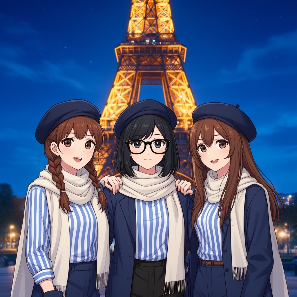 سه دوست زهرا سارا و حدیث هستند که جلوی برج ایفل وایستادن و سارا که مو های بافته شده قهوه ای داره دستش رو شانه حدیث و زهرا است و زهرا مو های مشکی تا شانه و عینک مشکی دارد و مو های قهوه ای حدیث بلند است و هرسه لباس فرانسوی پوشیدن و هوا شب است 1