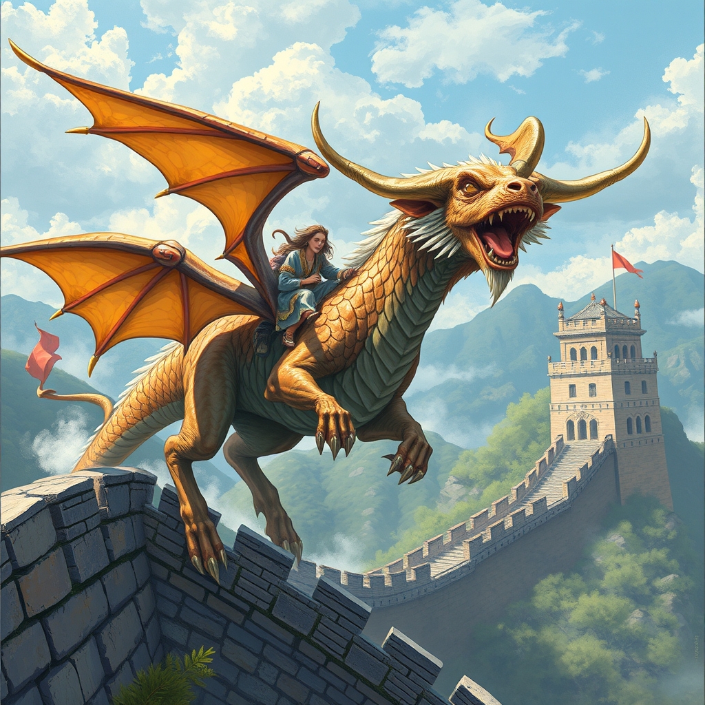 عکس گور خر که بال دارد که اژدهای مردای را حمل میکند در کنار دیوار های چین در حال پرواز3