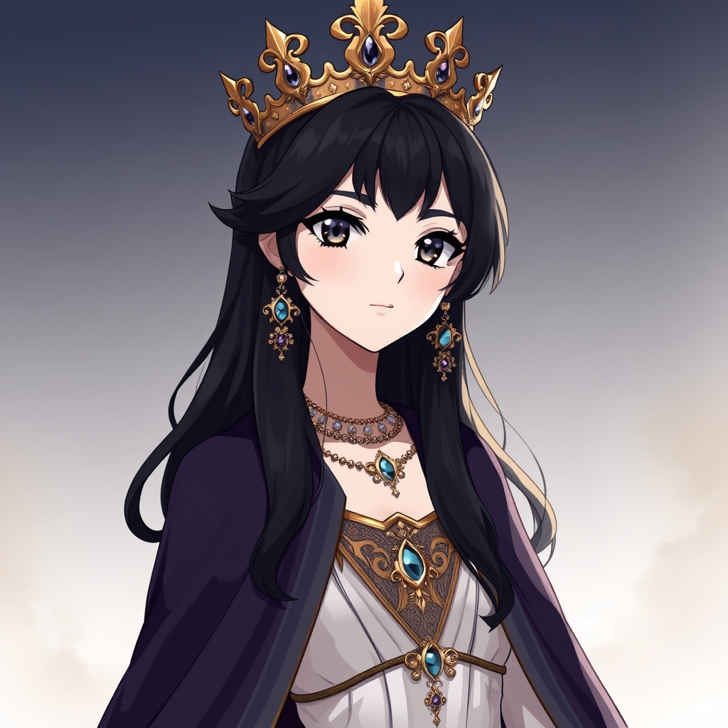 ملکه ای با موهای مشکی چشمهای سیاه پوست سفید تاجی طلایی باسنگ های قیمتی لباس شب با شنل بلند15