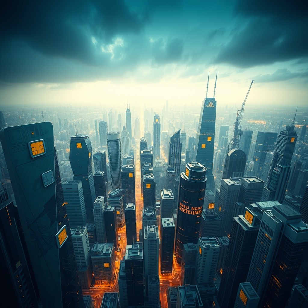 تصویر یک شهر مدرن و بزرگ و کوچک که خانه هایش از جنس سیمکارت است و شبیه سیمکارت است 8