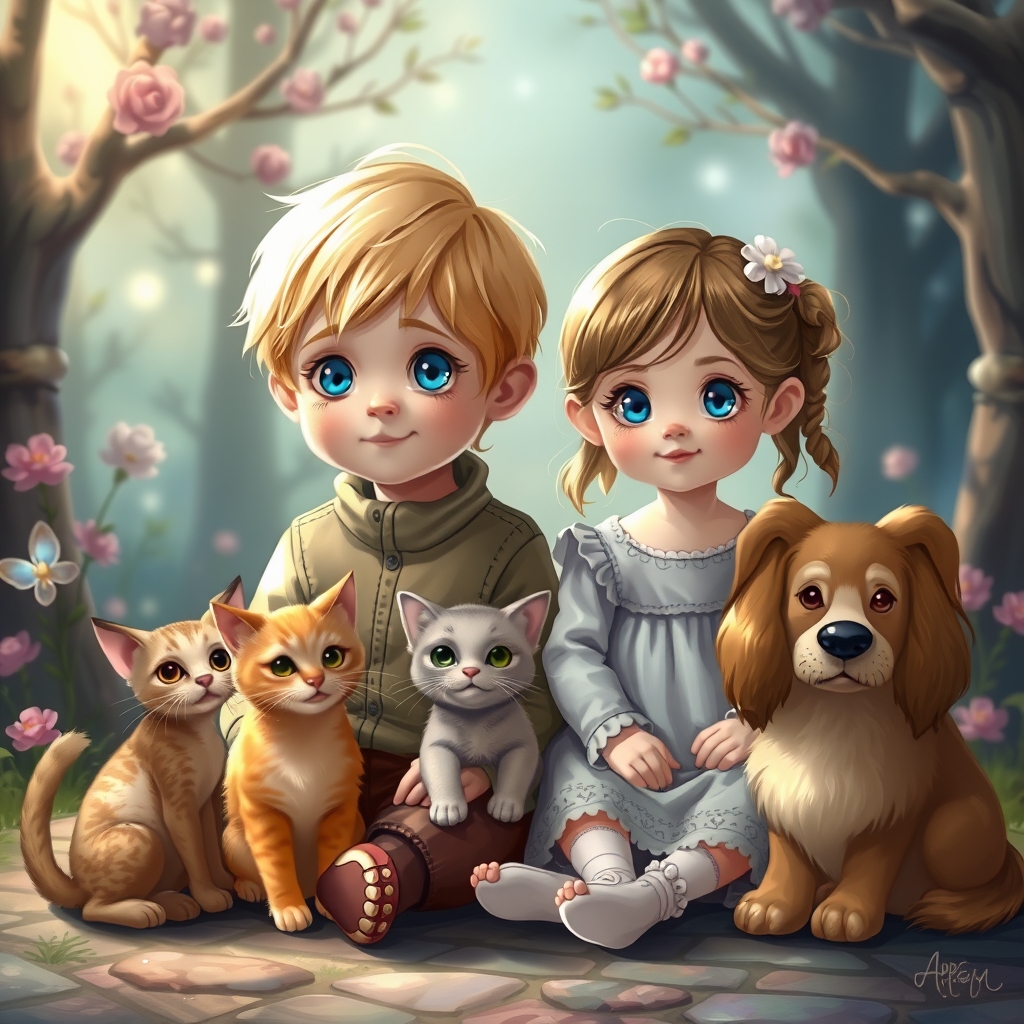 یک پسربچه ی ۳ ساله که موهای طلایی و چشم های آبی دارد و یک دختر بچه ۱ ساله کنار او است و موهایش باز است و یک گربه ی ملوس و یک سگ زیبا کنار آن دو هستند3