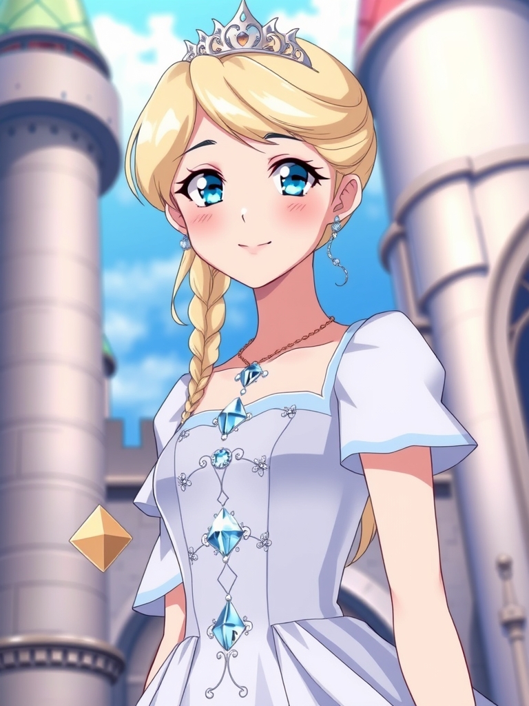 یک پرنسس که خیلی خوشکله و موهاش کرمی است و موهاش رو یک طرفه بافته و چشماش مثل کریستال ابی میدرخشه و لبخند میزنه و یک لباس پرنسسی به رنگ گل زنبق و یکم هم ابی و پوشیده و طرح روی اون کریستال است و در قصر حضور دارد11
