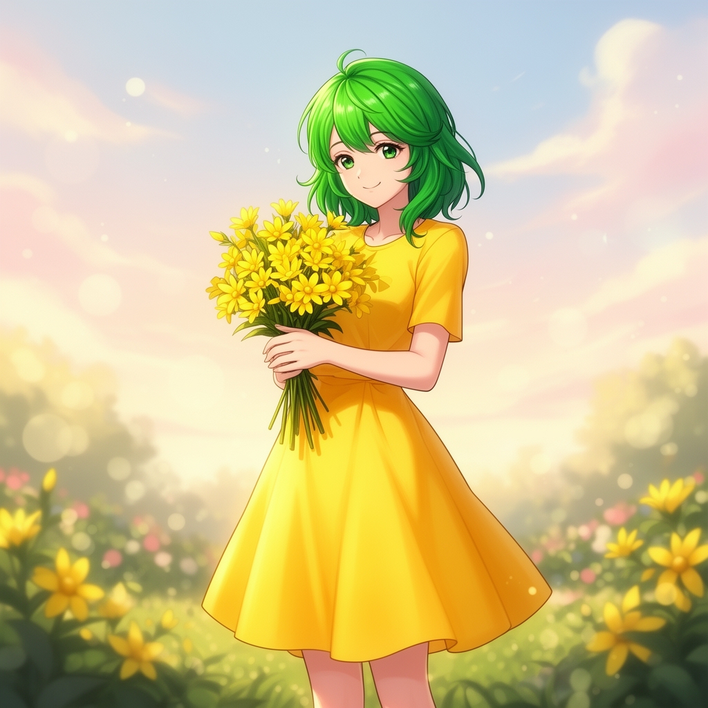 تصویر انیمه دختری با لباس زرد و موهای سبز که گلهای زردی در آغوش دارد
3