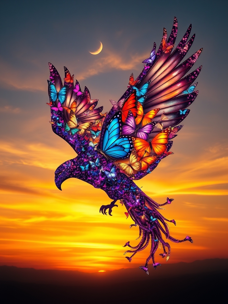 یک ققنوس ساخته‌شده از پروانه‌های رنگارنگ، در حال پرواز در برابر آسمان غروب.0