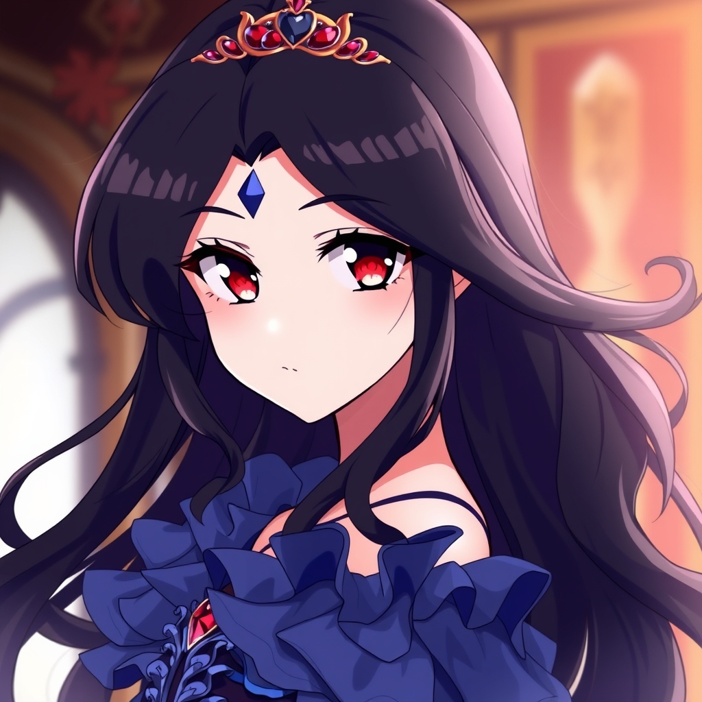 یه پرنسس با مو های بلند ، مشکی و حالت دار و چشمان قرمز پروانه ای ، با لباس آبی پررنگ و سایت دار با لایه های پفی و آویز پیشانی به سبک انیمه7